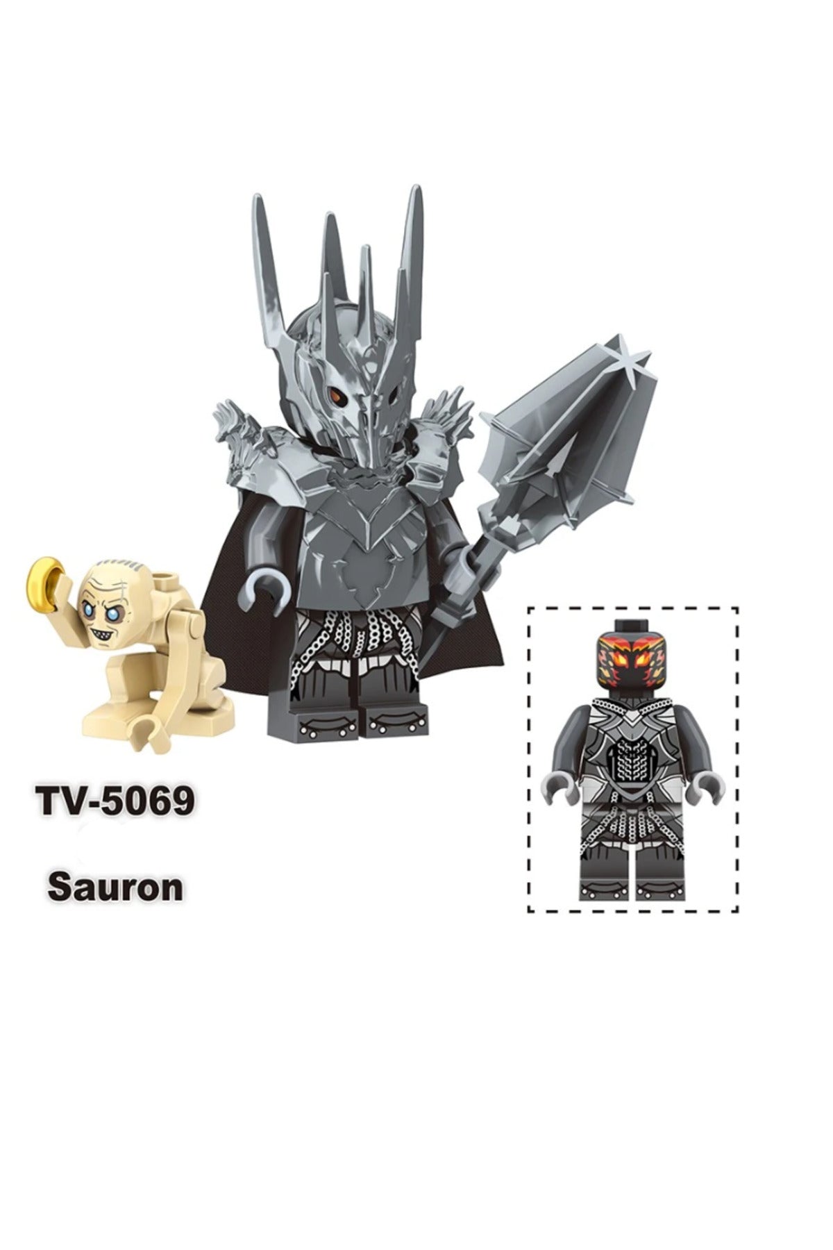 Sauron LOTR Figür Yapı Blok Oyuncak(Custom Özel Tasarım Minik Figürlü Paket,Alev Yüzlü + Gollum Hediyeli)